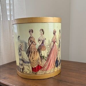 11" Tall Waste Basket Decorated w/ Wonderful Fashion Ladies / Vintage Trash Can